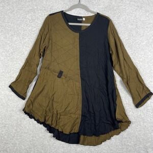 IGUANA Pullover Tunic Top Womens Size S Black Brown Lagenlook Artsy Relaxed Fit